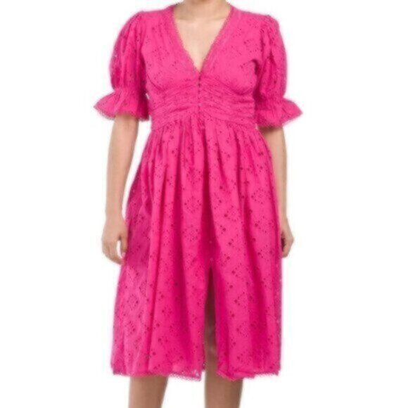 House Of Harlow V Neck Button Up Eyelet Midi Dress - Picture 2 of 13